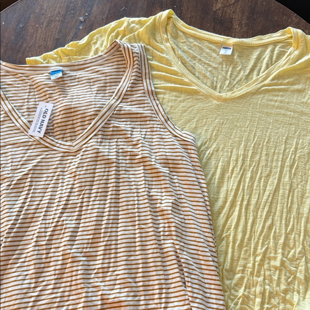 2 old navy Luxe tops -  Yellow SS Tee and gold Striped Tank Top. Sz Lg